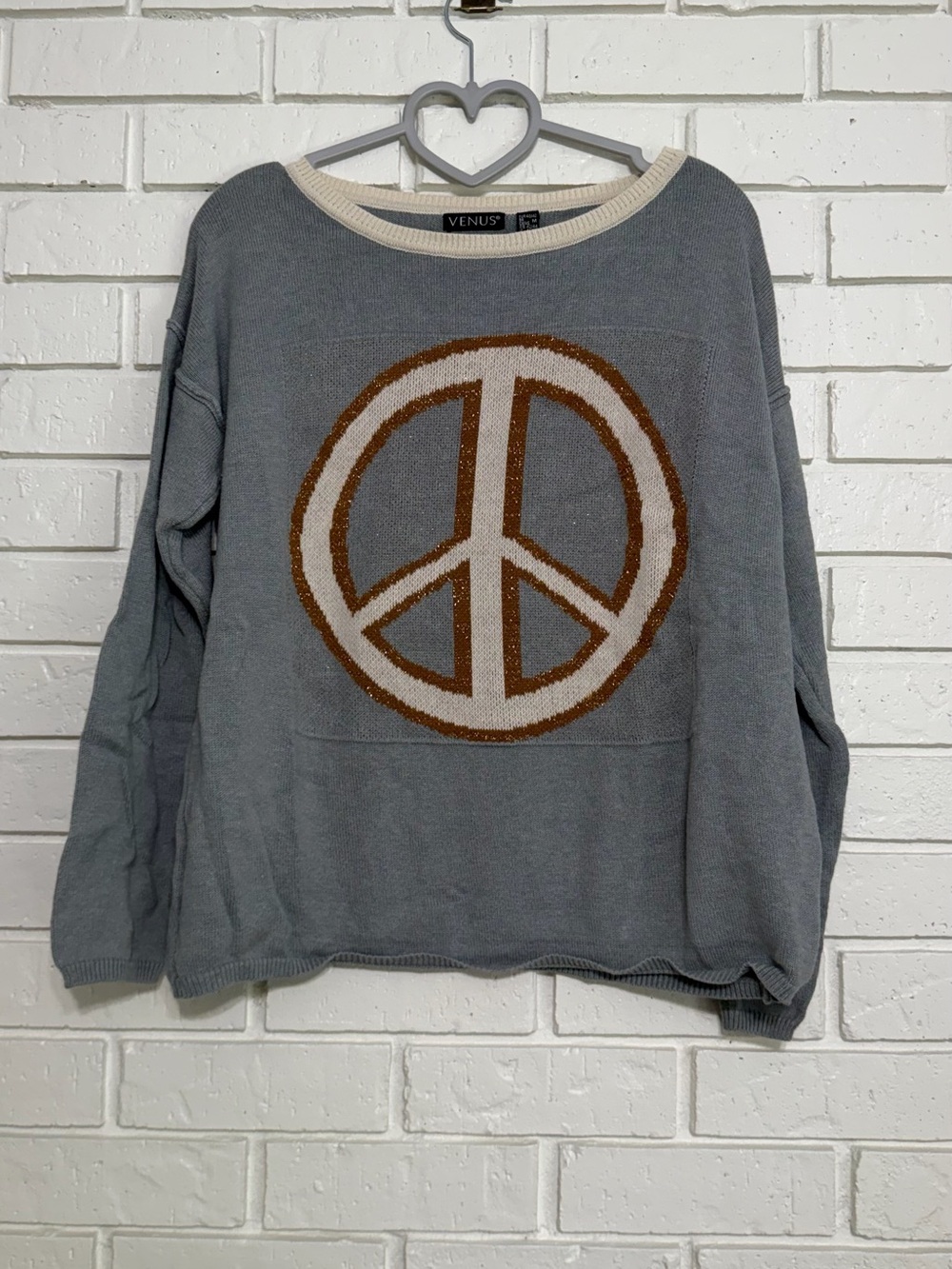 Venus Gray Metallic Peace Sign Boho Sweater Women’s Medium